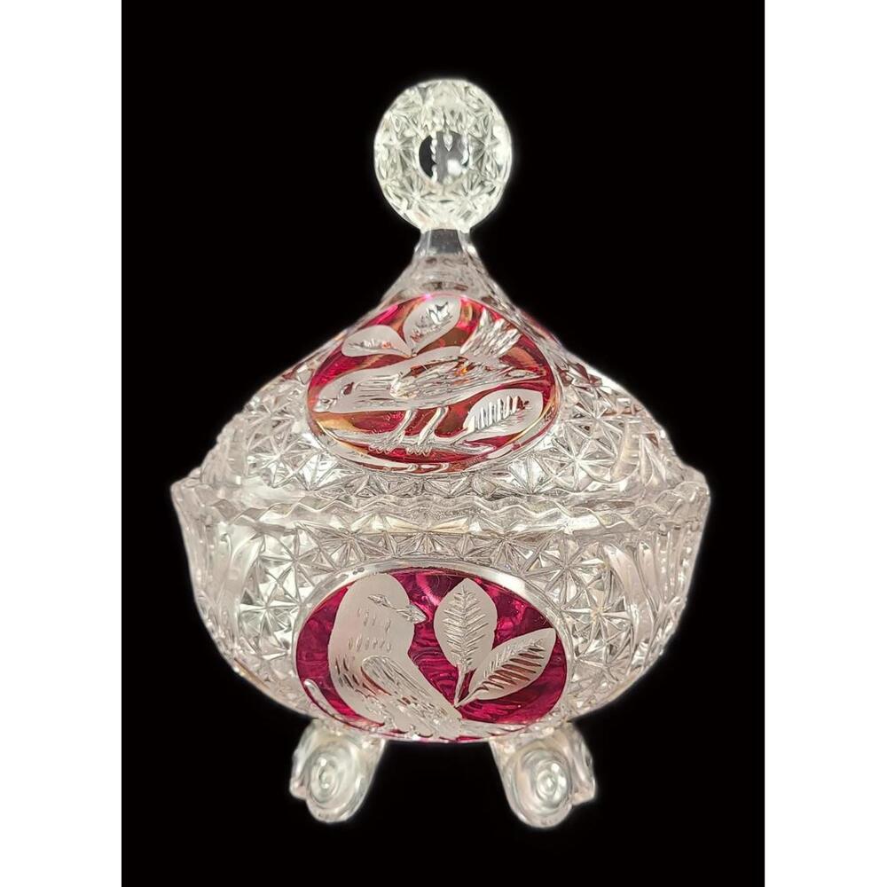 Hofbauer Byrdes Lidded Crystal Candy Dish – 3-Footed Round Cut Glass